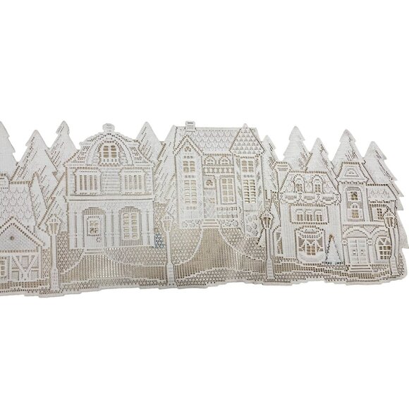 Lace Christmas Village Winter Scene Wall Hanging Table Runner With Tree Embroide - Picture 2 of 15